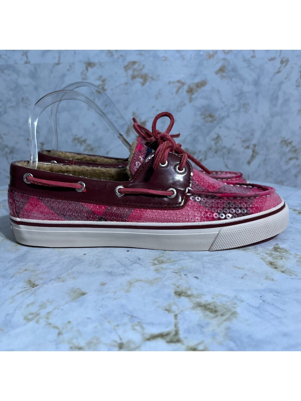 Sperry Bahama Women's Sz 7M Shoes Pink White Sequin Comfort Fur Lined Sneakers